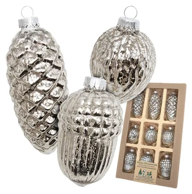 Produktbild von Krebs Glas Lauscha Antike Mercury Glas Nüsse & Zapfen - Silber - Christbaumschmuck aus Glas - ca. 6-10cm - 24330