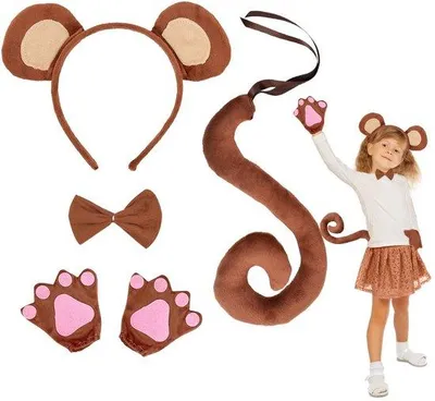 Productafbeelding van Apenkostuum - Dierenkostuumset met Apenoren - Lange Aapstaart - Apenpoothandschoenen - Vlinderdas - Geschikt voor Feestjes en Halloween - Dierenkostuum