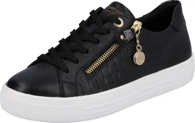A black leather sneaker with gold accents and a white sole is shown against a white background.