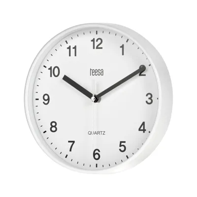A white analog wall clock with black hands and numbers, shown against a white background.
