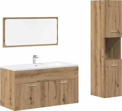 Produktbild von Badmöbel-Set 3-teilig, Artisan-Eiche Holzwerkstoff, mit Waschbeckenunterschrank 90x38,5x46 cm, Spiegel, Badezimmerschrank, max. 60 kg Belastbarkeit