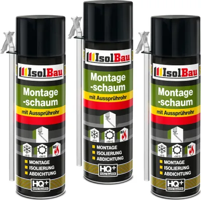 Produktbild von Isolbau 3 x 500 ml Montageschaum mit Aussprührohr - PolyurethanBauschaum für Montage, Isolierung, Abdichtung, Innen & außen
