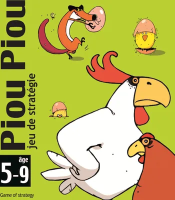 A cartoon illustration of chickens and a fox with eggs, on a green background.