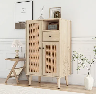 Produktbild von Merax Kommode Highboard mit 2 Türen Rattangeflecht und  Schublade, Sideboard aus Holz, Anrichte Stehschrank, 60x40x101cm, Eiche