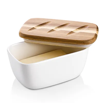 Produktbild von DOWAN Keramik-Butterdose 14,5 cm mit Deckel – Aufbewahrung für 3 Butterstangen, Silikondichtung, für die Arbeitsplatte, weiß