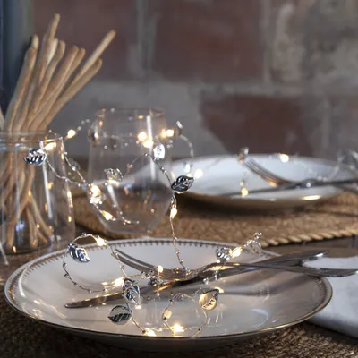 LED Lichterkette 'Dew Drop' mit Blättern - 20 warmweiße LED - silberner Draht - 2m - Batteriebetrieb