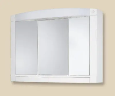 A white medicine cabinet with three mirrored doors is mounted on a light beige wall.