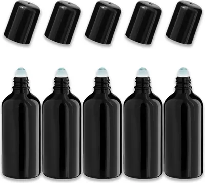 Produktbild von 5x Glasflasche Schwarz 100 ml Roll-on mit Schwarzem Verschluss Set