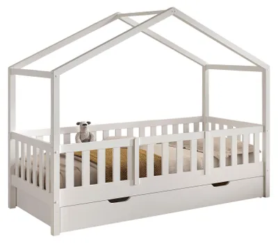 Produktbild von Hausbett Kapua 90x200 Bettschublade Rausfallschutz Kiefer massiv weiß