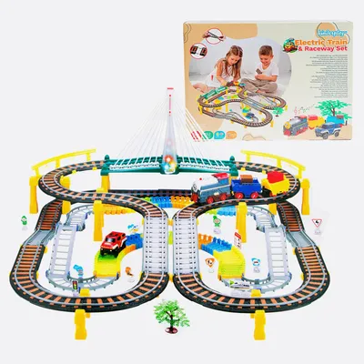 Produktbild von Elektrische Eisenbahn mit Rennbahn 2in1 – 192-teiliges Spielset mit Licht und Sound für Kinder – Kinderplay KP0635