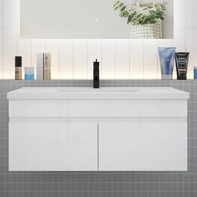Produktbild von Badmöbel HUTI-Serie 100cm Hochglanz Weiß Keramik Waschtisch mit Unterschrank Hängeschrank Badezimmermöbel mit 2 Türen