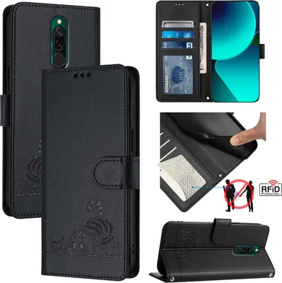 Obrázek produktu pro Kožené pouzdro pro Xiaomi Redmi 8, sladká kočka Flip pouzdro s funkcí stojánku a peněženkou černé