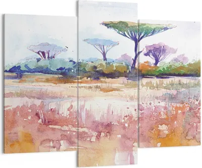 Produktbild von Bild auf Leinwand - Leinwandbild - 3 Teile - Aquarell Savanne Bäume - 130x100cm - Wand Bild - Wanddeko - Wandbilder - Leinwanddruck - Bilder - Wanddekoration - Leinwand bilder - CB130x100-4484
