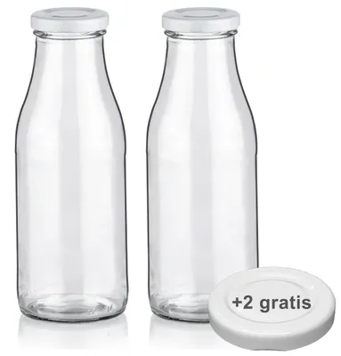 Immagine prodotto di Bottiglie per latte da 0,5L, bottiglie per smoothie e succhi da 500ml, bottiglie di vetro vuote, tappi senza BPA, 2 bottiglie per latte con 4 tappi