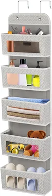 Image de Organiseur mural à 5 compartiments transparents, rangement mural avec 2 crochets, étagère suspendue, organiseur d'armoire, organiseur de penderie, système de rangement pour portes, salle de bains, chambre d'enfant, salon, chambre à coucher