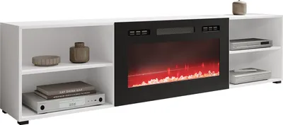 Produktbild von MIRJAN24 TV-Lowboard Polo 200 mit Kamin, Realistische LED-Flamme, Gehärtetes Glas, 200x33x51 cm (Farbe: Weiß / Weiß + Schwarz Hochglanz)