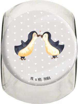 Produktbild von Mr. & Mrs. Panda keksglas Pinguine Kuss XL 2000ml - Grau Pastell - Geschenk, glasbehälter, Kaffeedose, Freund, Vorratsdose Glas, Hochzeitstag, für Freundin, Bonboniere