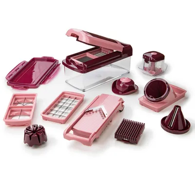 A collection of kitchen cutting tools and accessories arranged on a white background.