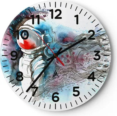 Produktbild von Wanduhr - Rund - Glasuhr - Astronaut Universum Astronomie Entdecker - 40x40cm - Schleichendes Uhrwerk - Lautlos - zum Aufhängen bereit - Dekoration Modern - Wanddekoration aus Glas - C4AR40x40-2993
