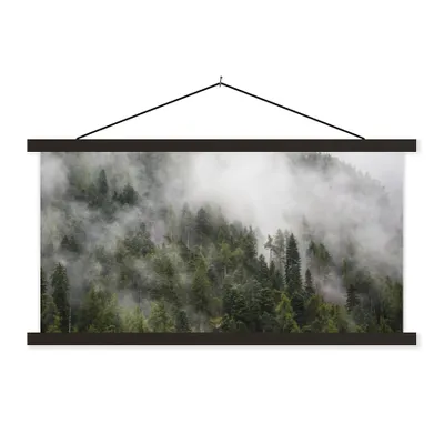 Produktbild von MuchoWow® Textilposter Wald - Nebel - Berg 90x45 cm mit schwarzem Rahmen - Klemmleisten