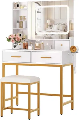 Immagine prodotto di Set da trucco - Tavolino da trucco con specchio a LED - 3 modalità di illuminazione - Sgabello imbottito con spazio contenitivo - 2 cassetti e 3 vani - Bianco