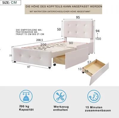 Produktbild von Polsterbett Samt 90x200 cm für Kinder - Einzelbett - Hydraulischer Bettkasten - Stauraum mit Schubladen - Holzgestell - Modern minimalistisch - B-Velvet