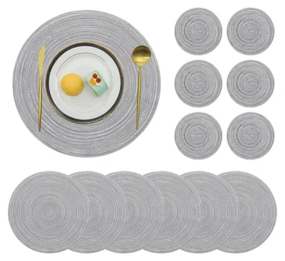 Obrázek produktu pro Sada 6 podtácích podložek, kulaté, pletené, odolné vůči teplu, vhodné do myčky, protiskluzové, šedé, průměr 38 cm