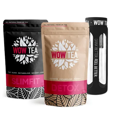 Produktbild von WOW TEA Entgiftungskur Tee Set - Premium Detox Tee zum Abnehmen -  Grüner Tee mit Superfoods + Infuser Teeflasche - 300g  EU