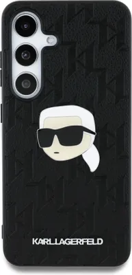 A black phone case with a Karl Lagerfeld K. Head Pin design and the brand name at the bottom.