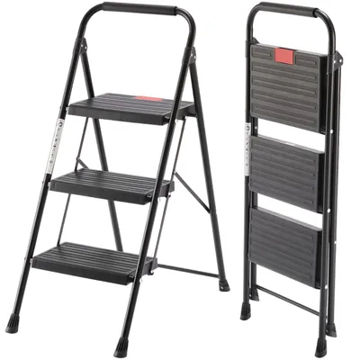 Image de Échelle pliante à trois marches, échelle domestique robuste et durable, marches antidérapantes, conception pliable, adaptée aux cuisines et aux ateliers.