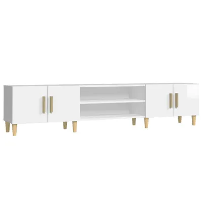 A white TV stand with gold handles and wooden legs, shown against a white background.