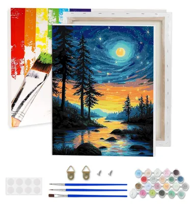 Produktbild von Malen nach Zahlen – Sternennacht im Wald, mit Rahmen – 30 x 40 cm