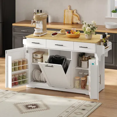 Image de Îlot de cuisine Merax avec 3 tiroirs et 2 étagères derrière les portes, chariot de service avec placard à poubelle, chariot de cuisine avec plan de travail rabattable, roulettes, blanc