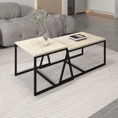 Produktbild von Skye Decor, Moderner Couchtisch (2 Stück), Travertin, Groß: 75 x 38 x 50 cm, Klein: 55 x 45 x 57 cm | 100% melaminbeschichtete Spanplatte, 18 mm dick | Stilvolles, funktionales Design für Ihr Zuhause.