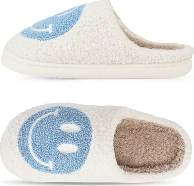 Produktbild von ASKSA Hausschuhe Smiley Damen Herren Winter Warme Plüsch Emoji Haus Pantoffeln, Blau, Größe: 42-43