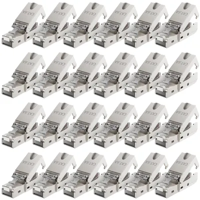 Produktbild von deleyCON 24x CAT 6a Werkzeugloser RJ45 Netzwerkstecker mit LSA Anschluss für Starre Verlegekabel Geschirmt 10 Gbit/s LAN Kabel Netzwerkkabel Stecker CAT6a Metallgehäuse