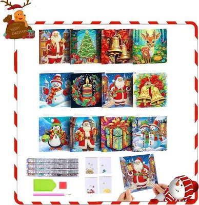 Image de Cartes de Noël lot de 12 avec peinture diamant – Cartes de vœux uniques pour Noël et le Nouvel An, réalisées avec la technique de la peinture diamant – comprenant un kit de peinture diamant et des enveloppes