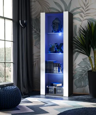 Produktbild von Komodee | Vitrine Schrank Tivoli mit 3 Regalböden, Korpus Schwarz Matt Frontfarbe Weiß Matt, LED Blau