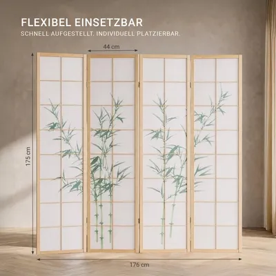 Produktbild von Homestyle4u Paravent Raumteiler 4 teilig Holz Natur Reispapier Weiß Bambus Motiv Grün Indoor