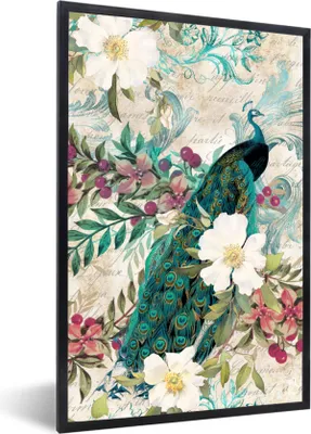 Produktbild von MuchoWow® Gerahmtes Poster Kunst - Pfau - Blumen 60x90 cm - Poster mit Schwarzem Bilderrahmen Wandposter Rahmen Foto Bilder - Kunst