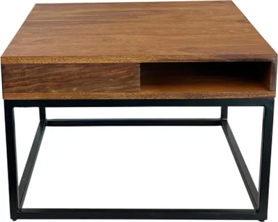 Couchtisch Sheesham Massivholz Metall 60x60x40cm mit Stauraum in Gesamtansicht und schwarzem Metallgestell.
