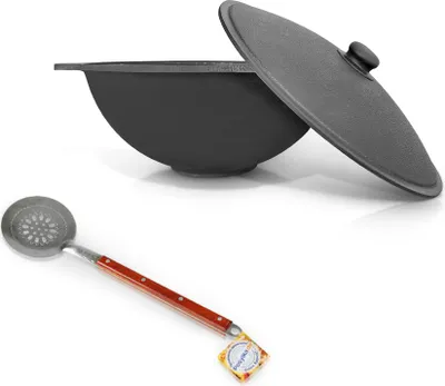 Produktbild von Plov Set Gusseisen Kazan 4,5L Uzbekisch Kasan Schöpflöffel WOK Kochtopf Namangan