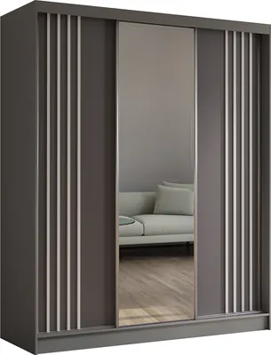 Produktbild von 180 cm Kleiderschrank Neli mit Lamellen und Spiegel inklusive 3 Schiebetüren Schwebetürenschrank (Farbe: grau, grau, Lamelle weiß)
