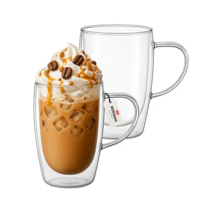 Obrázek produktu pro Sada dvou termohrneků Bergman s dvojitou stěnou, objem 450 ml, s uchem – ideální na kávu, latte, cappuccino a čaj