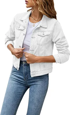 Produktbild von ASKSA Damen Jeansjacke Leichte Kurze Jacke Denim Jean Outwear Casual Lange Mantel, Weiss, M