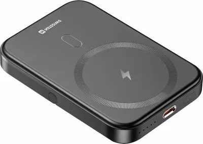 A black power bank with a wireless charging pad.