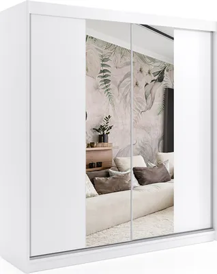 Produktbild von ALTDECOR Kleiderschrank mit Spiegel, Schiebetüren mit kugelgelagerte Führungsschienen und Aluminium-Leisten - LUZO - 200 cm - Weiß
