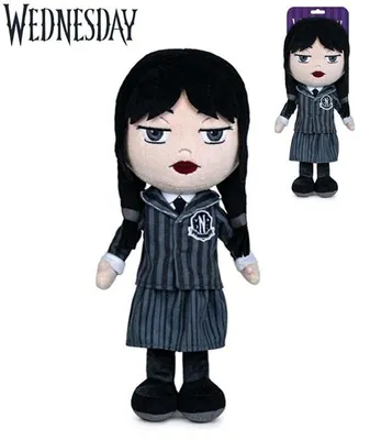 Imagen del producto de Miércoles, peluche de 32 cm con uniforme, apto para bebés desde 0 meses, en tarjeta