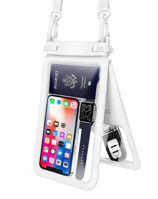 Produktbild von Wasserdichte Handytasche 2-in-1 bis 6,7 Zoll – IPX8 Wasserschutzhülle bis 30 m mit Fach für Handy, Schlüssel & Wertsachen, Umhängeband, Weiß
