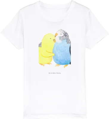Produktbild von Mr. & Mrs. Panda Organic Kinder T-Shirt Wellensittich Liebe 3-4 Jahre (98/104) - Weiß - Geschenk, Baumwollshirt, Baumwoll, glücklich, Freundin, Kindershirt, Teenager, Öko